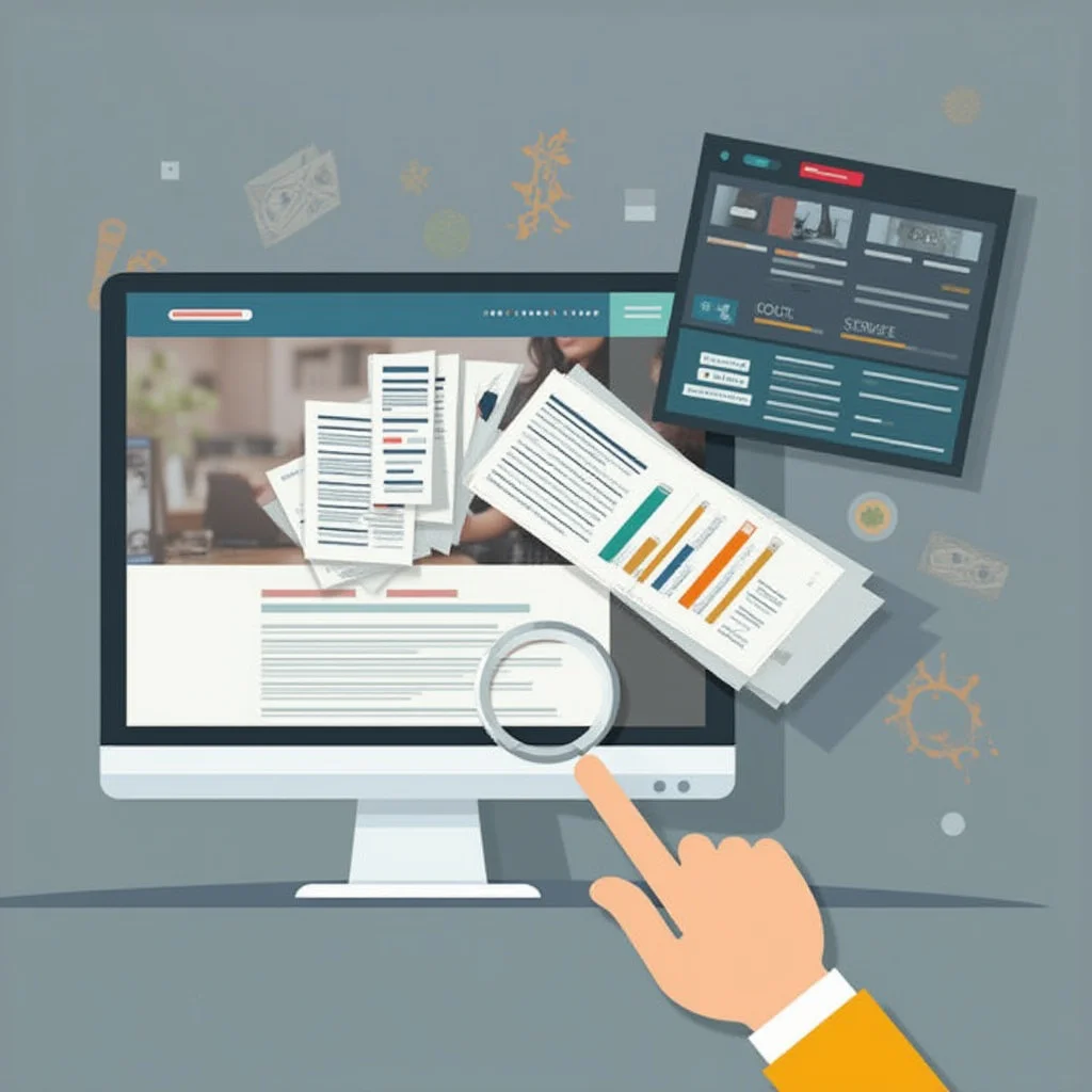 Ilustración de un diseñador trabajando en el diseño de página web en un escritorio con ordenador y portátil