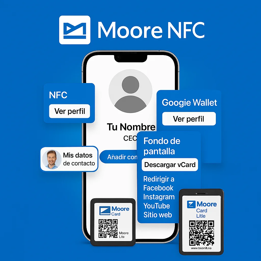 Mano sosteniendo una tarjeta NFC junto a un smartphone con el logotipo de moorenfc, representando la tecnología de comunicación sin contacto.