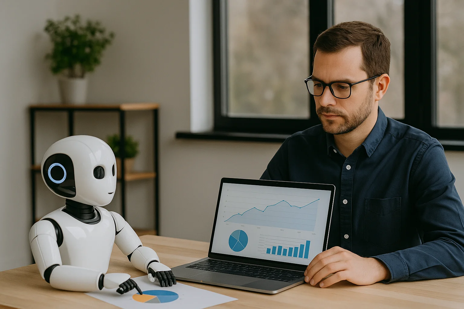 Fotografía realista de un profesional analizando gráficos en un portátil junto a un robot, simbolizando la colaboración entre inteligencia artificial y estrategia de marketing.