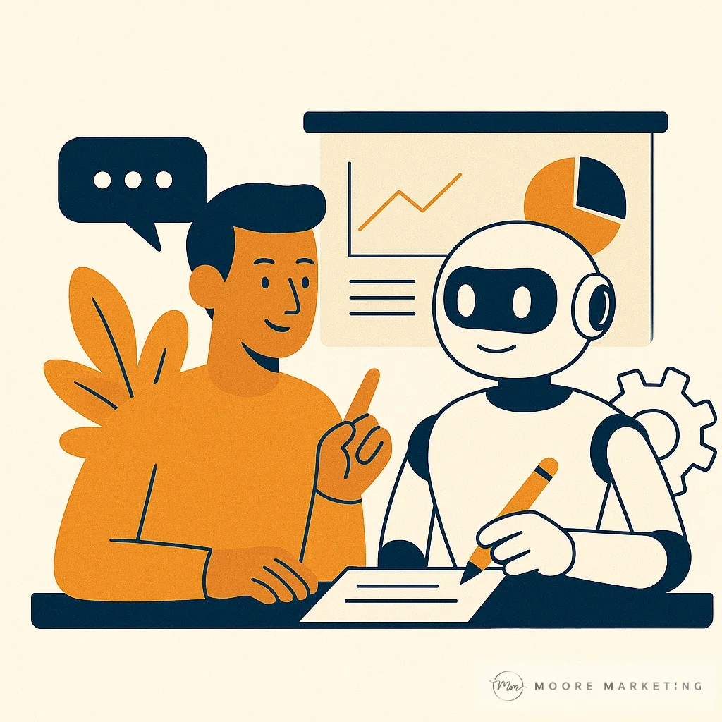 Ilustración profesional y minimalista de un humano y un robot trabajando juntos en una estrategia de marketing con gráficos de crecimiento y comunicación visual.