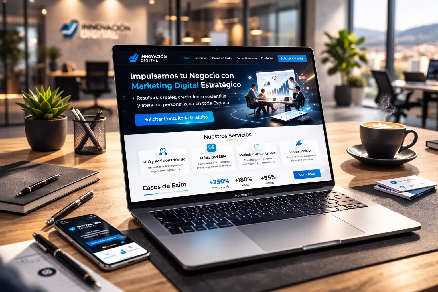 Mockup fotorrealista del diseño web corporativo de Innovación Digital, agencia de marketing digital en España, mostrado en un portátil sobre escritorio profesional