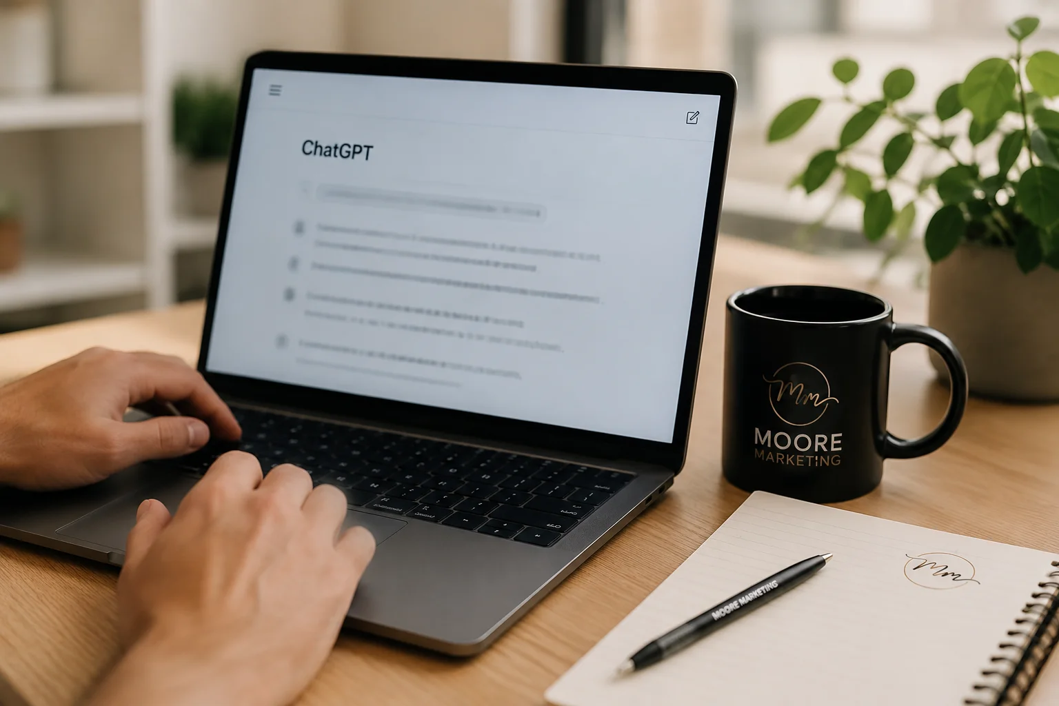 Espacio de trabajo moderno con un portátil mostrando ChatGPT, una taza y material de oficina con la identidad visual de Moore Marketing, representando la optimización digital para aparecer en búsquedas con inteligencia artificial.