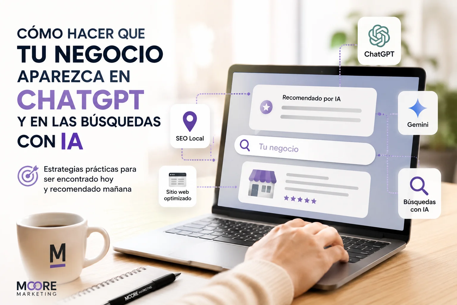 Diseño promocional de Moore Marketing sobre cómo hacer que un negocio aparezca en ChatGPT y en las búsquedas con inteligencia artificial, con un ordenador portátil, elementos de SEO local y marketing digital.