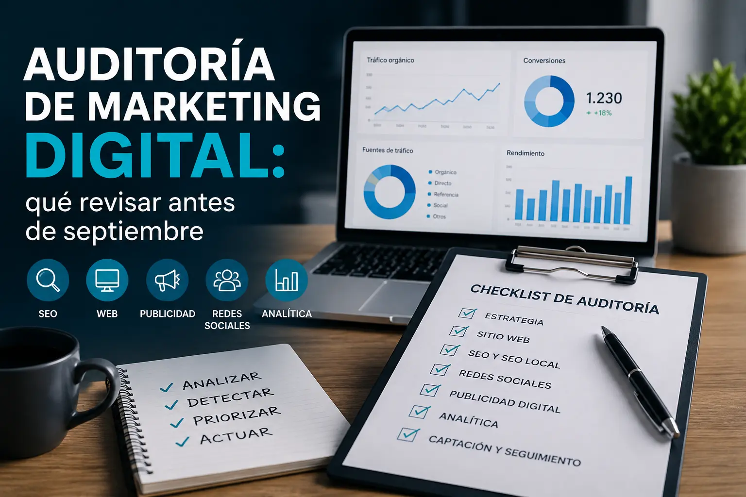 Auditoría de marketing digital para revisar SEO, web, publicidad, redes sociales y analítica antes de septiembre