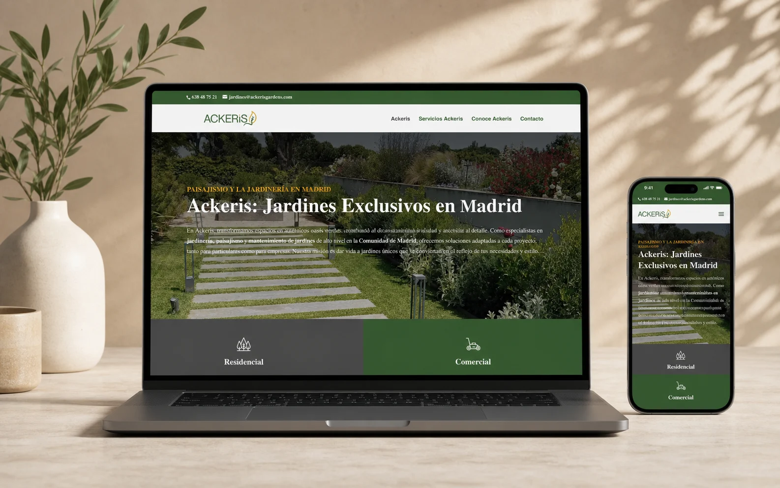 Recreación editorial con IA de la web de Ackeris Gardens.