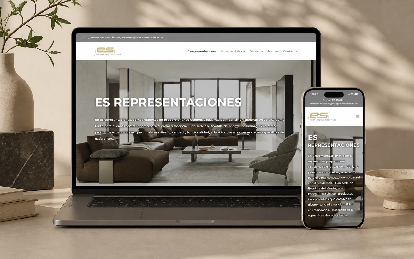 Recreación editorial con IA de la web de ES Representaciones.