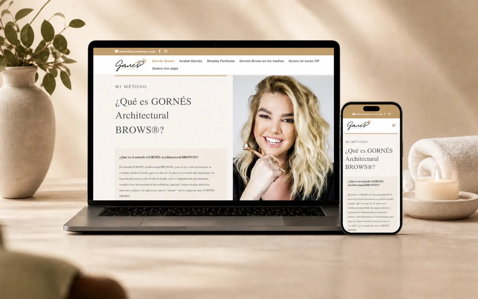 Recreación editorial con IA de la web de Gornés Brows.