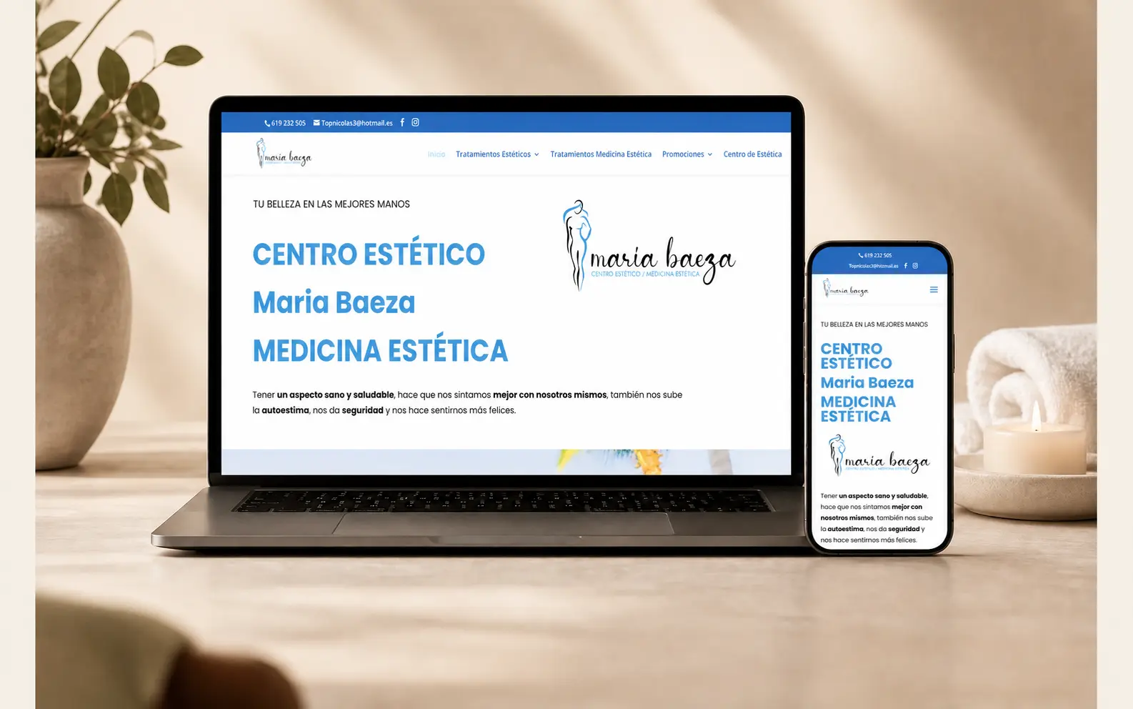 Recreación editorial con IA de la web de Centro Estético María Baeza.