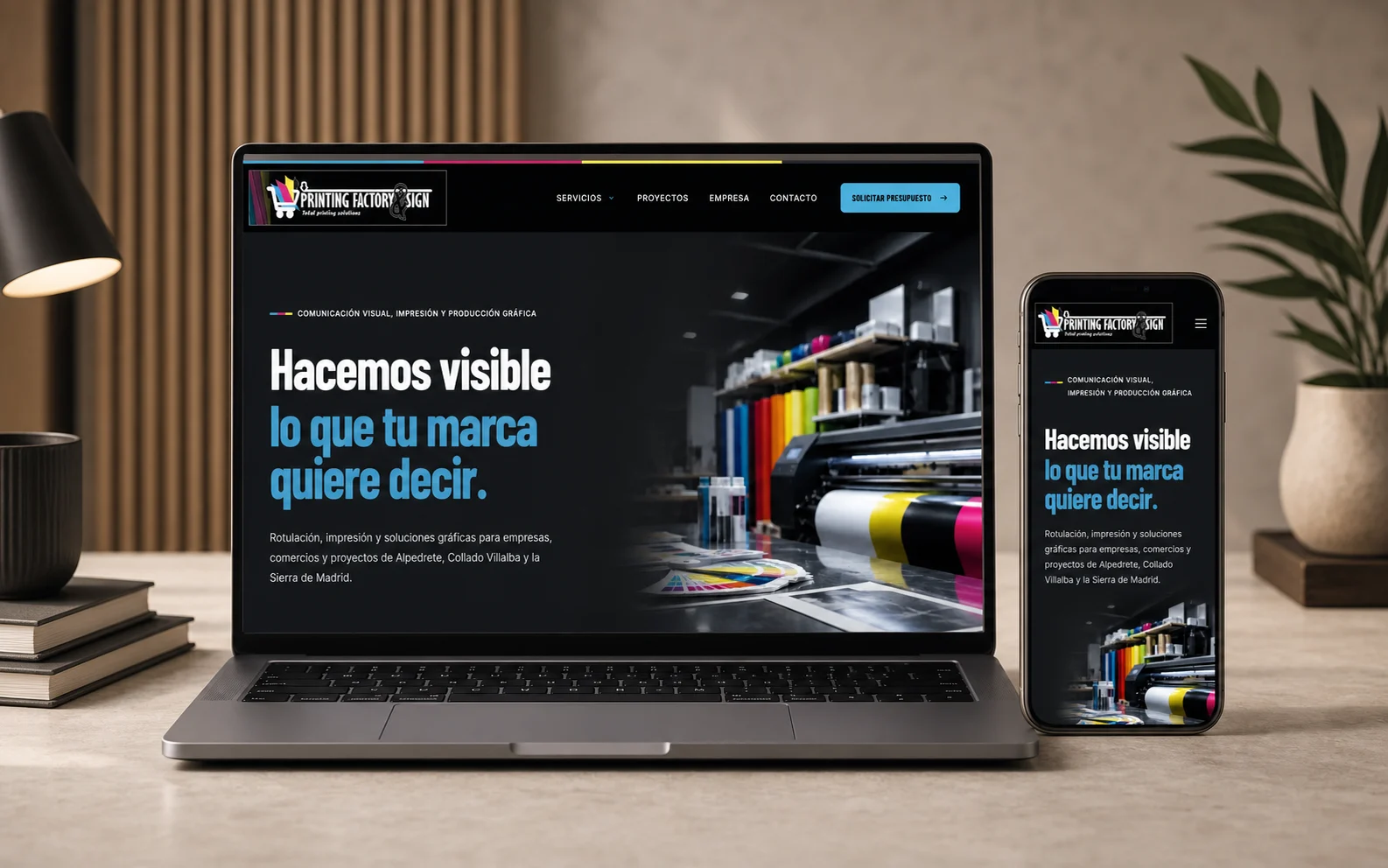 Recreación editorial con IA de la web de Printing Factory.
