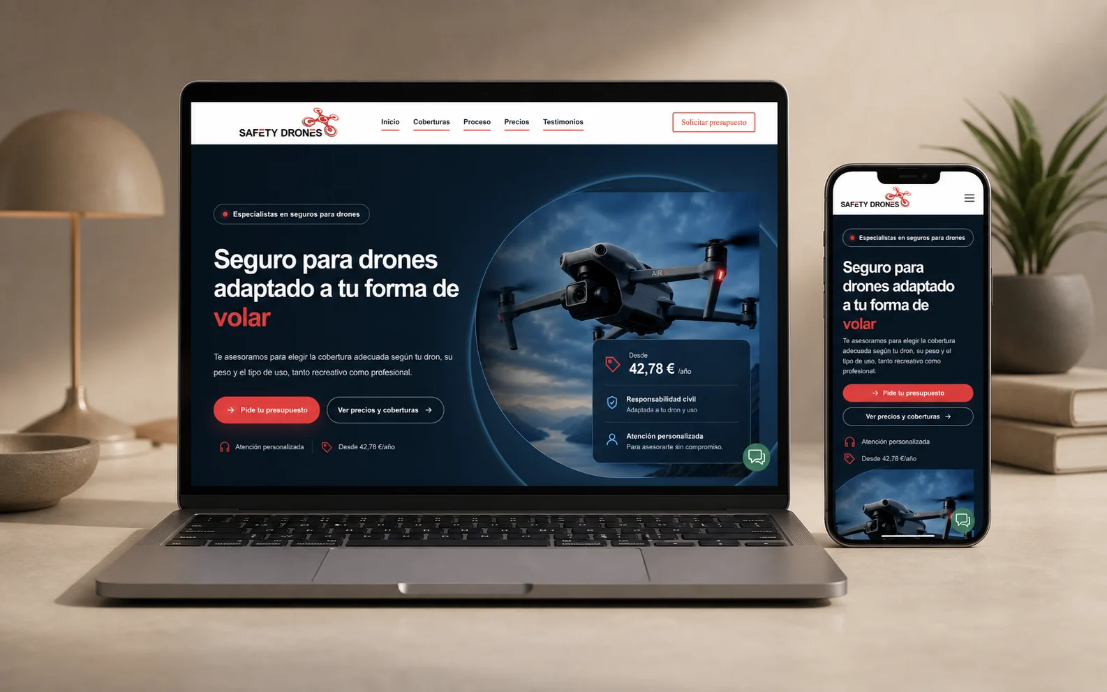 Recreación editorial con IA de la web de Safety Drones.